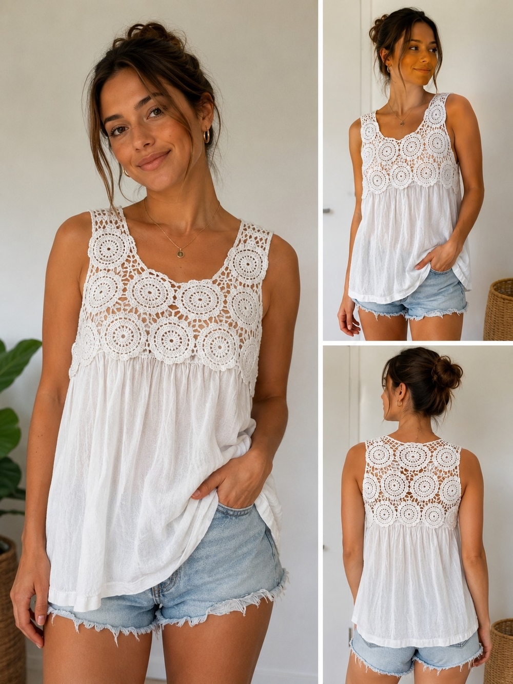 Sisley White Crochet Yoke Sleeveless Camisole